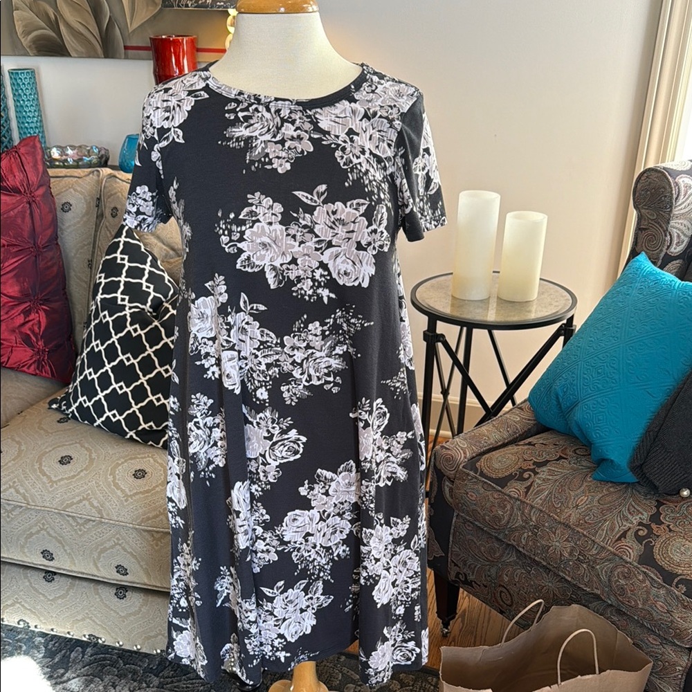 dark grey dress with White with taupe floral